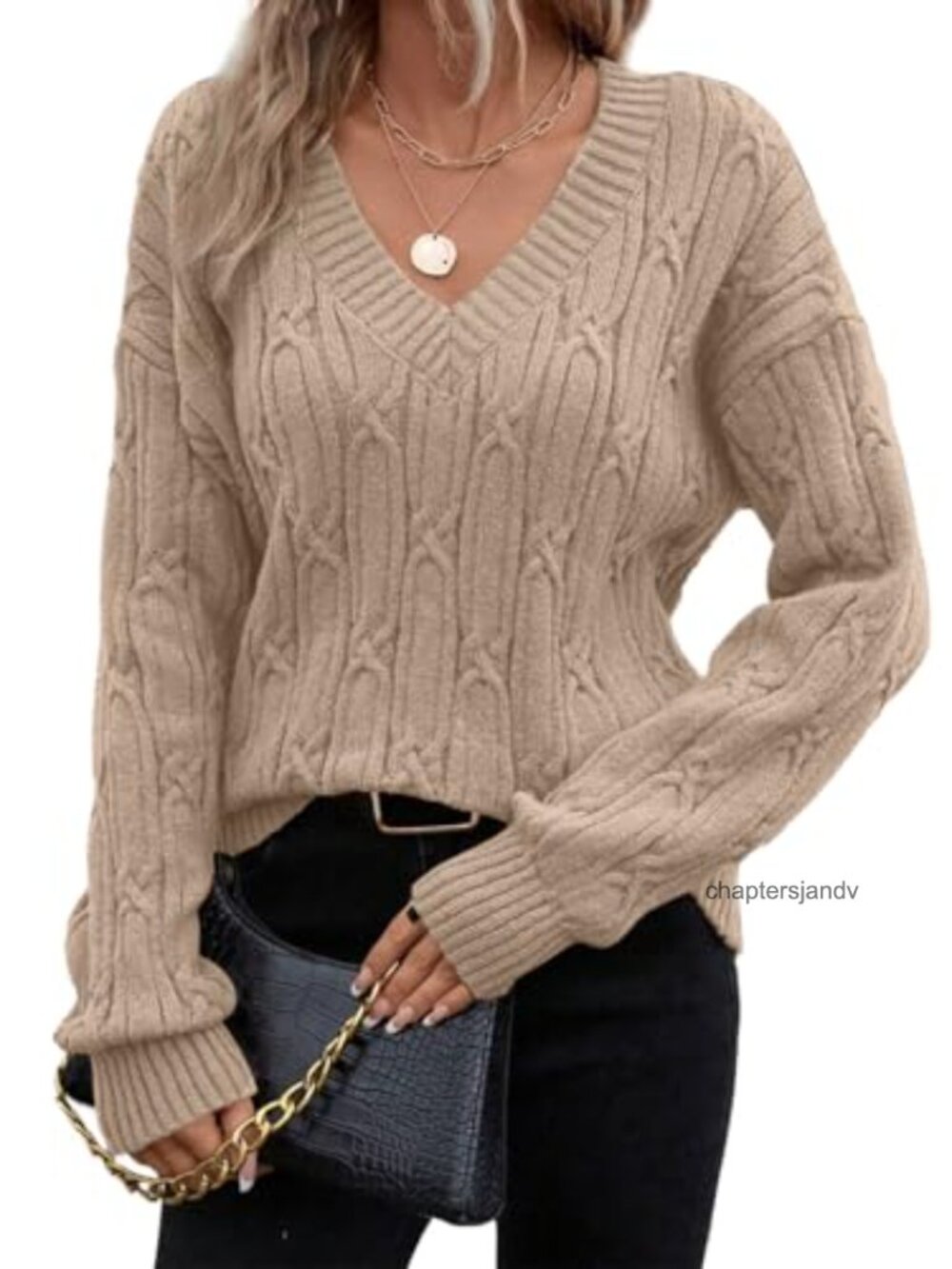 SHEWIN Cable Knit V-Neck Long Sleeve Pullover Sweater